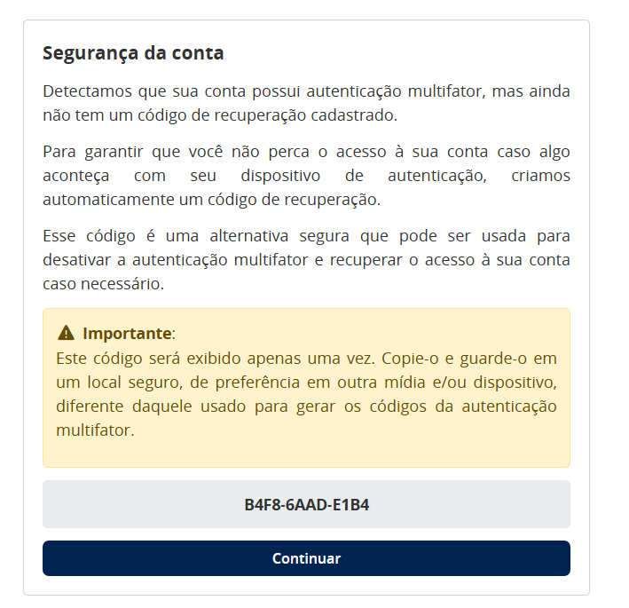 Exemplo do código de recuperação de mfa