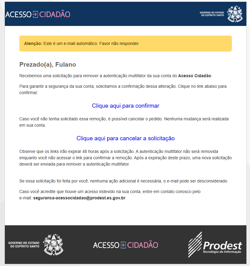 Confirma remoção de mfa