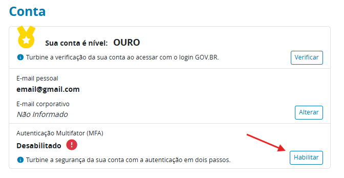 "Opção Habilitar MFA"